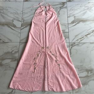 Vintage Pink Handmade Embroidered Scalloped Mumu Nightgown Maxi Dress M-L